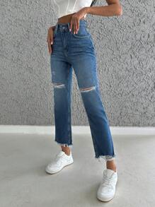 RueChic Ripped Raw Hem Straight Leg Jeans - Dark Wash - View 3