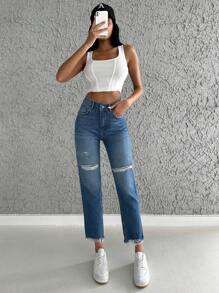 RueChic Ripped Raw Hem Straight Leg Jeans - Dark Wash - View 4