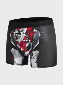 Men Floral & Skeleton Print Square Leg Boxer Brief - Black - View 1