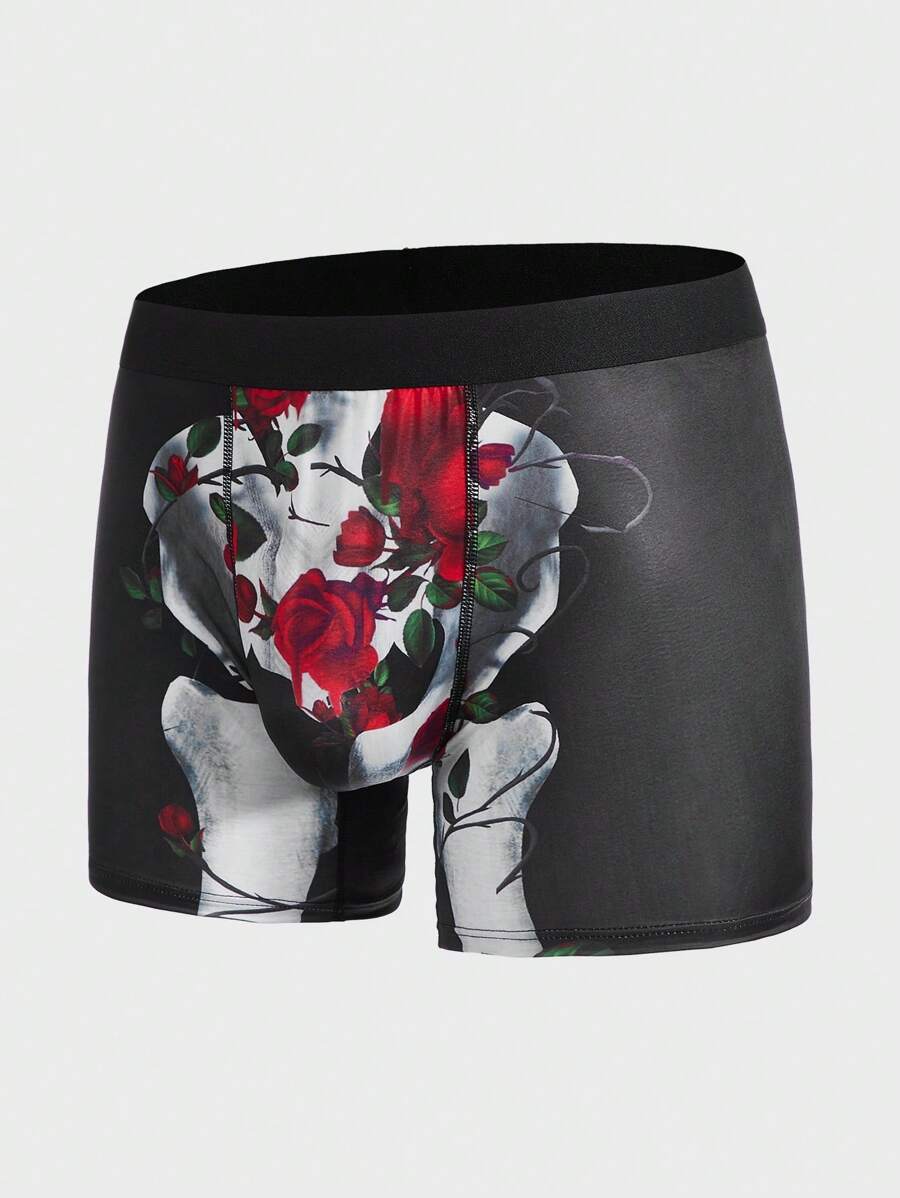 Men Floral & Skeleton Print Square Leg Boxer Brief - Black - View 1