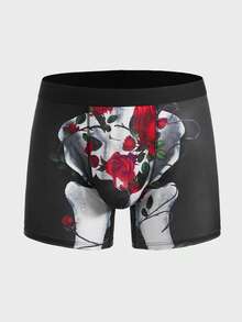 Men Floral & Skeleton Print Square Leg Boxer Brief - Black - View 3