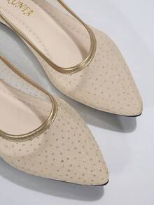 女士撞色滾邊尖頭平底鞋,時尚金色網紗芭蕾舞鞋適合婚禮 - 金色 - 查看 5