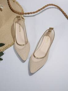 女士撞色滾邊尖頭平底鞋,時尚金色網紗芭蕾舞鞋適合婚禮 - 金色 - 查看 7