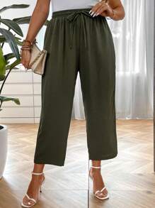 SHEIN LUNE Plus Drawstring Waist Wide Leg Pants - Army Green - View 1