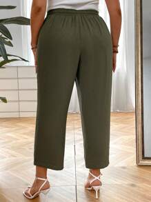 SHEIN LUNE Plus Drawstring Waist Wide Leg Pants - Army Green - View 2