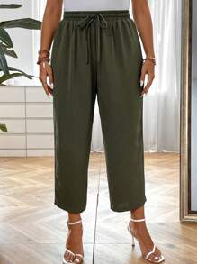 SHEIN LUNE Plus Drawstring Waist Wide Leg Pants - Army Green - View 3