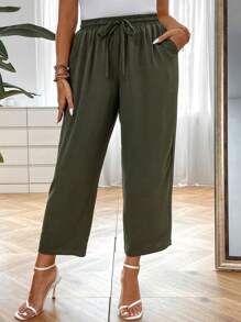 SHEIN LUNE Plus Drawstring Waist Wide Leg Pants - Army Green - View 4