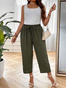 SHEIN LUNE Plus Drawstring Waist Wide Leg Pants - Army Green - View 6