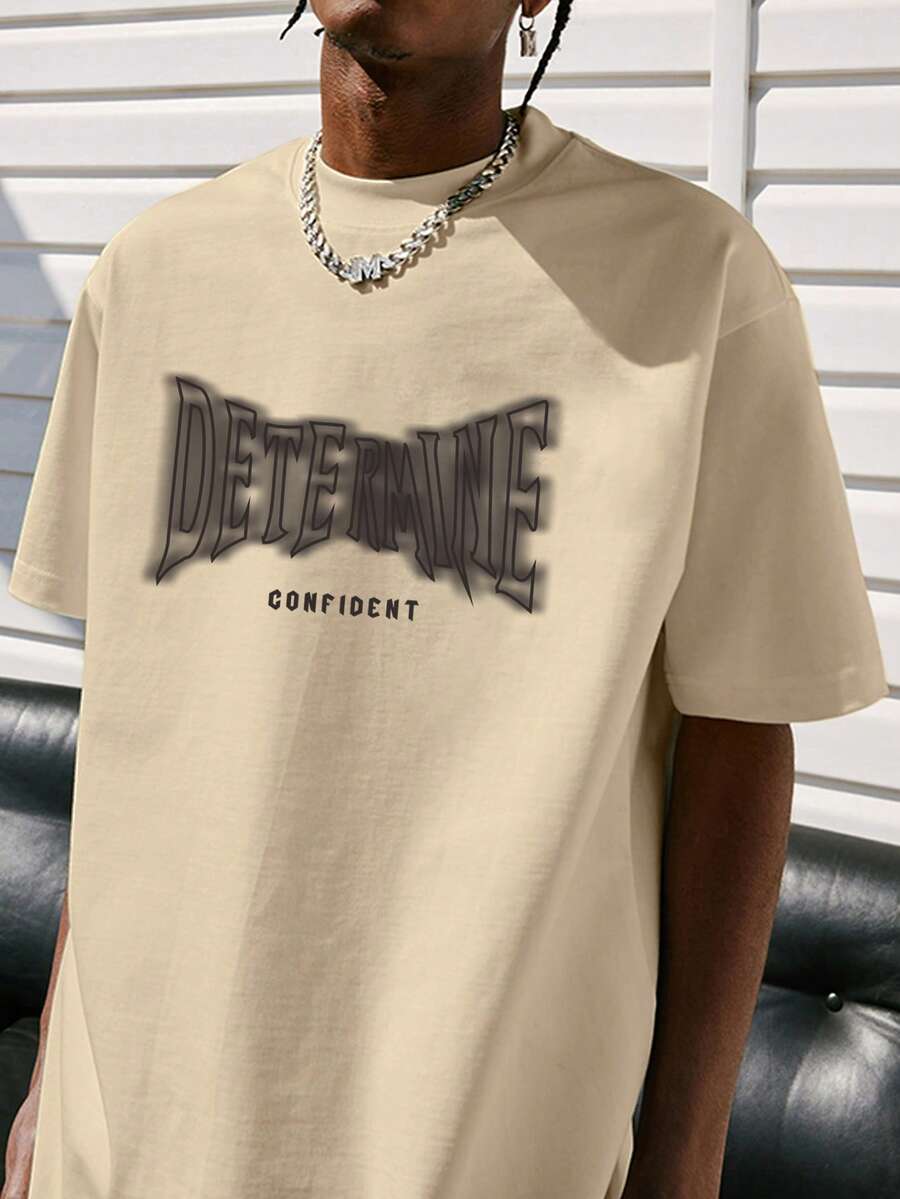 男士字母圖案落肩T恤 - 杏色 - 查看 1