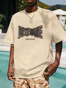 男士字母圖案落肩T恤 - 杏色 - 查看 4