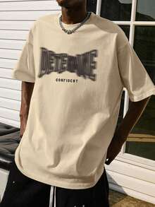 男士字母圖案落肩T恤 - 杏色 - 查看 5