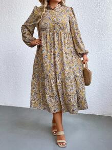 SHEIN LUNE Đầm Plus Size Viên lá sen Nút phía trước Tất cả trên in Dễ thương - Màu vàng - Xem 1