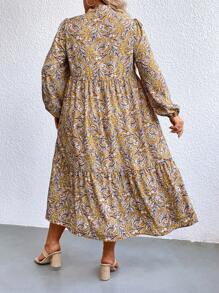 SHEIN LUNE Đầm Plus Size Viên lá sen Nút phía trước Tất cả trên in Dễ thương - Màu vàng - Xem 2