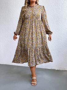 SHEIN LUNE Đầm Plus Size Viên lá sen Nút phía trước Tất cả trên in Dễ thương - Màu vàng - Xem 5