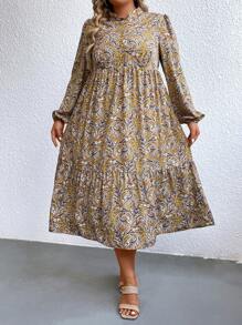 SHEIN LUNE Đầm Plus Size Viên lá sen Nút phía trước Tất cả trên in Dễ thương - Màu vàng - Xem 6