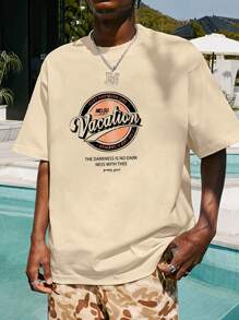 Nam Đồ họa Chữ cái Áo thun Thả vai - Màu be - Xem 1