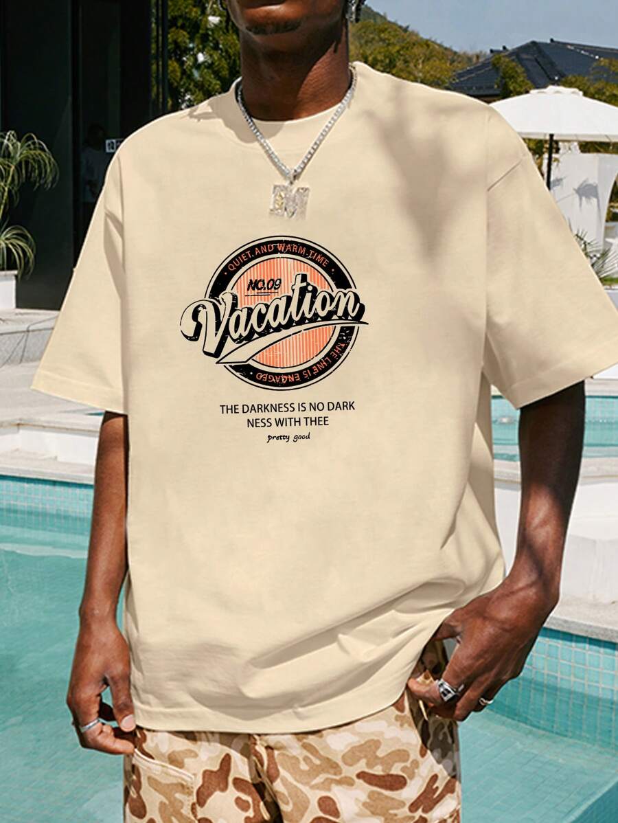 Nam Đồ họa Chữ cái Áo thun Thả vai - Màu be - Xem 1