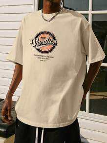 Nam Đồ họa Chữ cái Áo thun Thả vai - Màu be - Xem 5