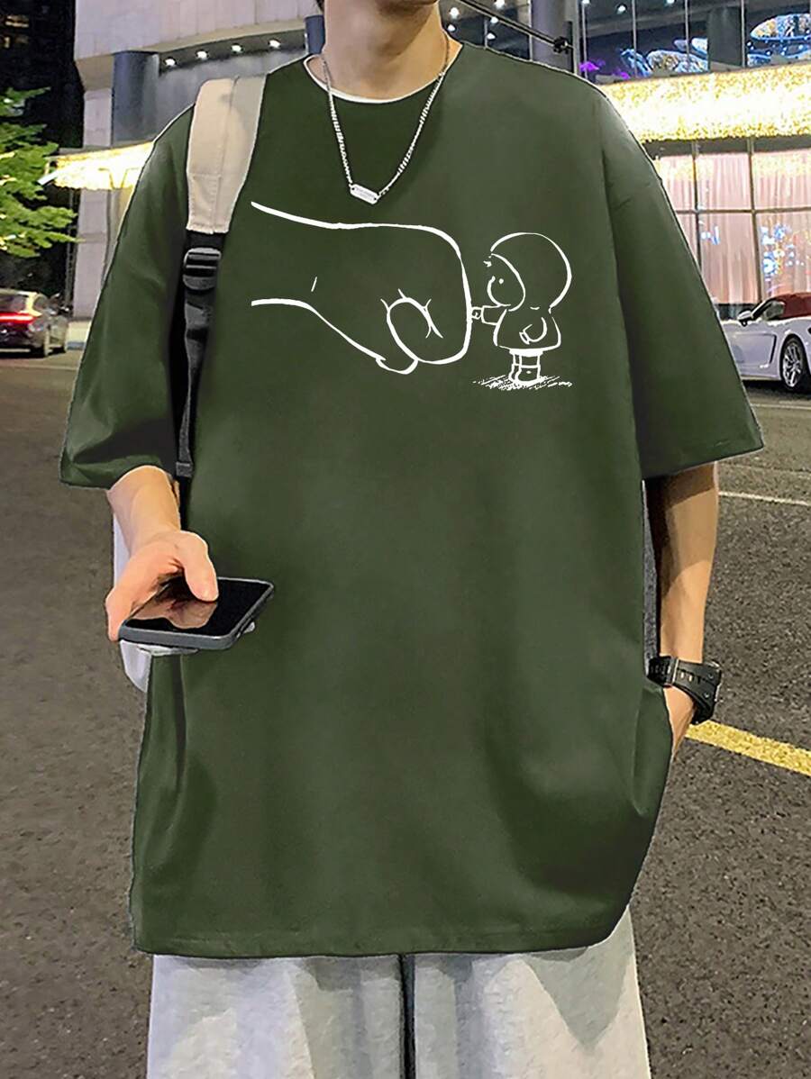 男士卡通圖案落肩T恤