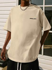 男士字母和卡通圖案落肩T恤 - 杏色 - 查看 3