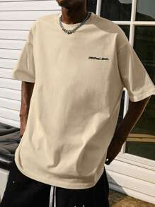 男士字母和卡通圖案落肩T恤 - 杏色 - 查看 4