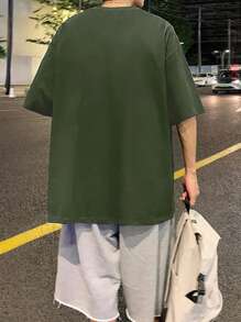 男士卡通圖案落肩T恤 - 軍綠色 - 查看 3