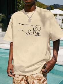 男士卡通圖案落肩T恤 - 杏色 - 查看 6