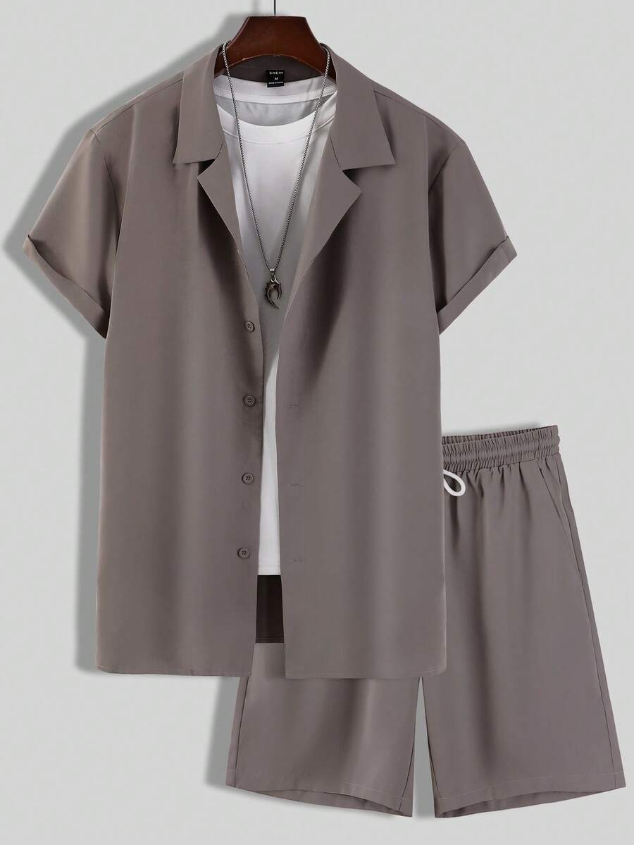 Manfinity Hypemode Bộ hai mảnh Nam Dây kéo Nút phía trước màu trơn Giải trí - Màu Khaki - Xem 1