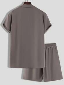 Manfinity Hypemode Bộ hai mảnh Nam Dây kéo Nút phía trước màu trơn Giải trí - Màu Khaki - Xem 2