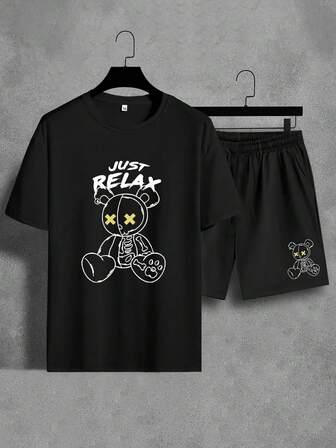 تي شيرت وشورت بجرافيك عبارة ودب للرجال