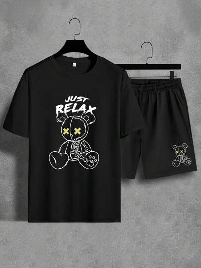 Hombres Shorts con camiseta con estampado de oso y letra