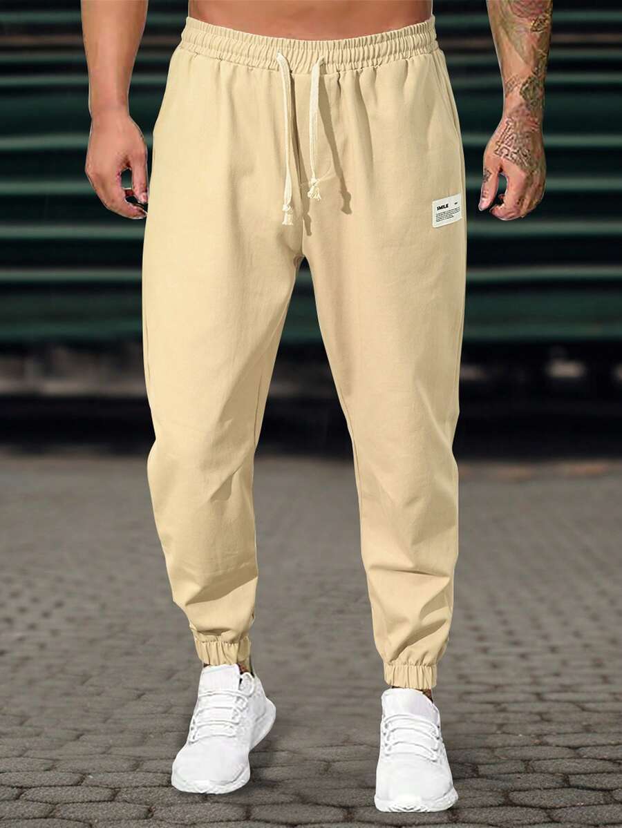 Manfinity Homme Men Cotton Letter Patched Drawstring Waist Pants - Khaki - View 1