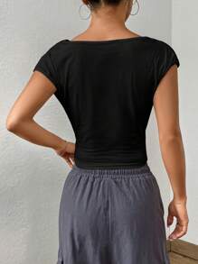 SHEIN EZwear Solid Surplice Neck Ruched Side Crop Tee - Black - View 2