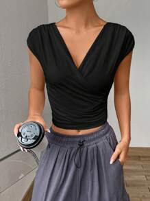 SHEIN EZwear Solid Surplice Neck Ruched Side Crop Tee - Black - View 3