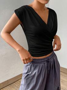 SHEIN EZwear Solid Surplice Neck Ruched Side Crop Tee - Black - View 4