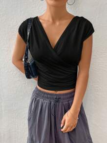 SHEIN EZwear Solid Surplice Neck Ruched Side Crop Tee - Black - View 5