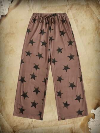 Pantalones de pierna ancha con estampado de estrella de cintura con cordón