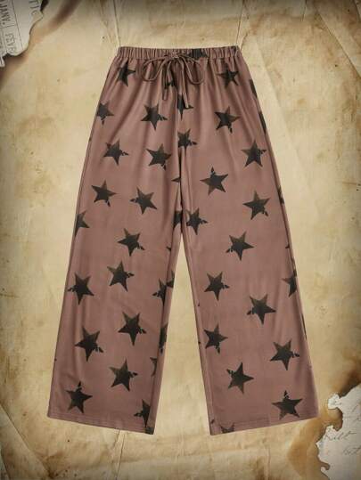 星星印花腰部抽繩闊腿褲