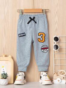 SHEIN 男嬰秋季休閒運動街頭風格印花標籤和灰色褲子 - 淺灰色 - 查看 1
