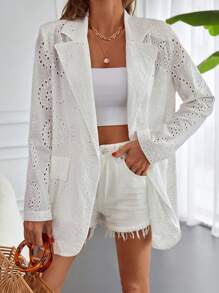EURMUSE Lapel Neck Eyelet Embroidery Blazer - White - View 1