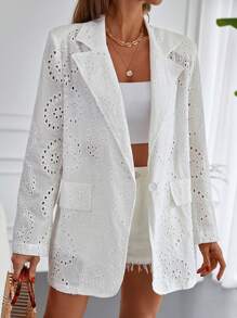EURMUSE Lapel Neck Eyelet Embroidery Blazer - White - View 4