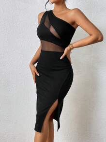 Firerie Women One Shoulder Mesh Insert Split Thigh  Black Dress,Summer Dresses For Women - Black - View 4