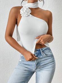 SHEIN VCAY Appliques Detail Asymmetrical Shoulder Top - White - View 5