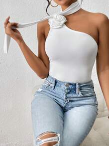 SHEIN VCAY Appliques Detail Asymmetrical Shoulder Top - White - View 3