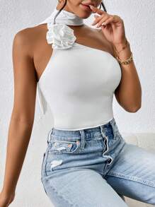 SHEIN VCAY Appliques Detail Asymmetrical Shoulder Top - White - View 6