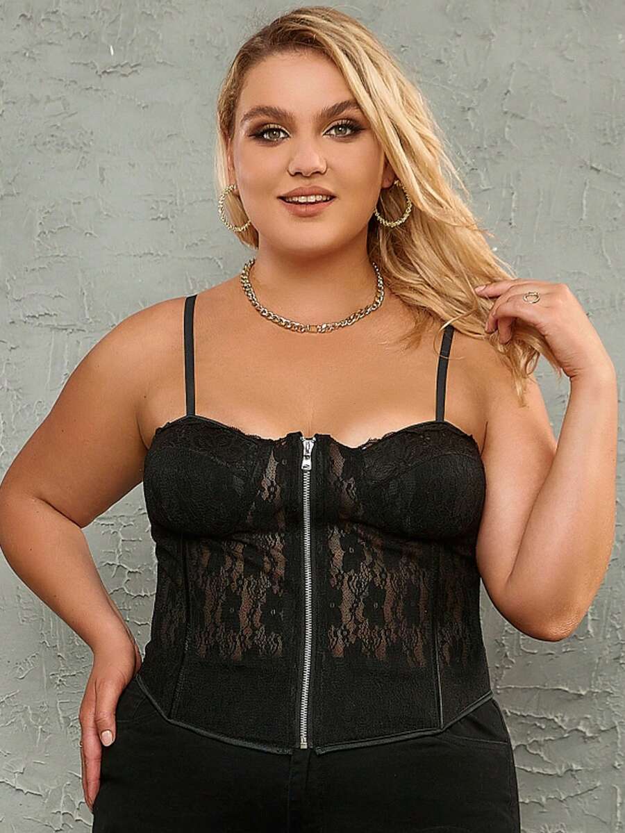 Plus Contrast Lace Zip Up Lace Up Back Bustier Shapewear Corset Top - Black - View 1