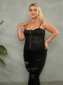 Plus Contrast Lace Zip Up Lace Up Back Bustier Shapewear Corset Top - Black - View 4