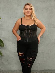 Plus Contrast Lace Zip Up Lace Up Back Bustier Shapewear Corset Top - Black - View 5