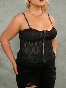 Plus Contrast Lace Zip Up Lace Up Back Bustier Shapewear Corset Top - Black - View 6