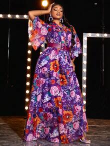 大碼印花蝴蝶袖連衣裙 - 紫色 - 查看 3